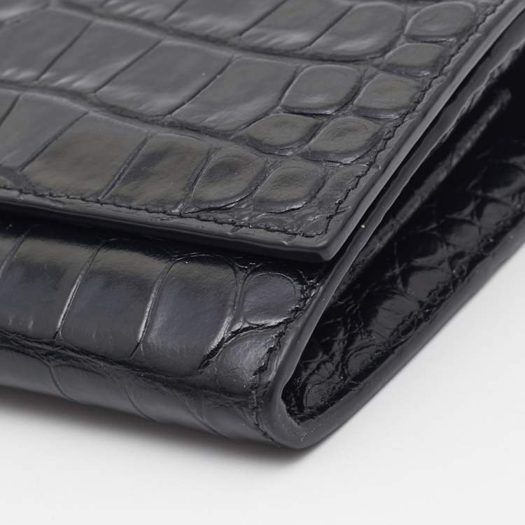 Pre Owned Celine Black Croc Embossed Leather Continental Wallet