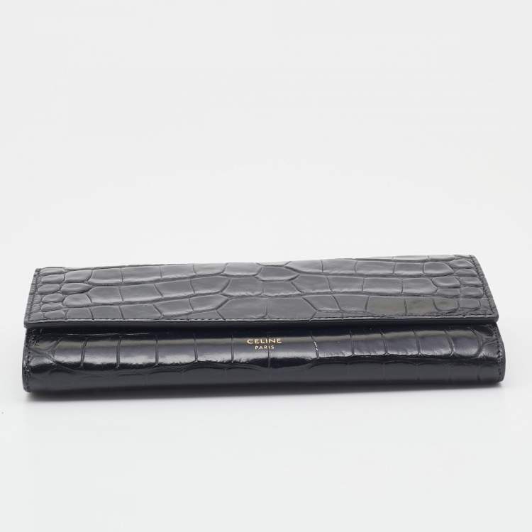 Pre Owned Celine Black Croc Embossed Leather Continental Wallet