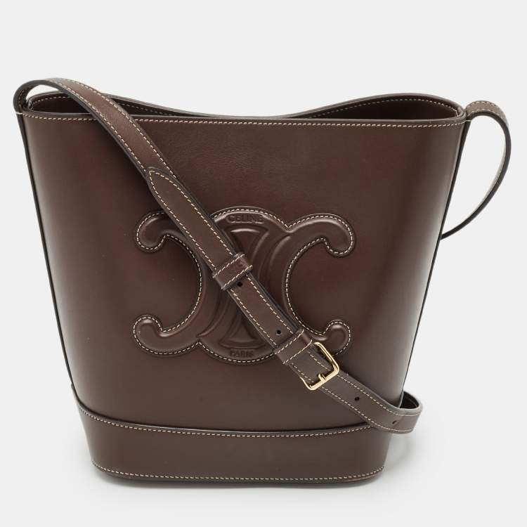 Pre Owned Celine Dark Brown Leather Small Triomphe Bucket Bag