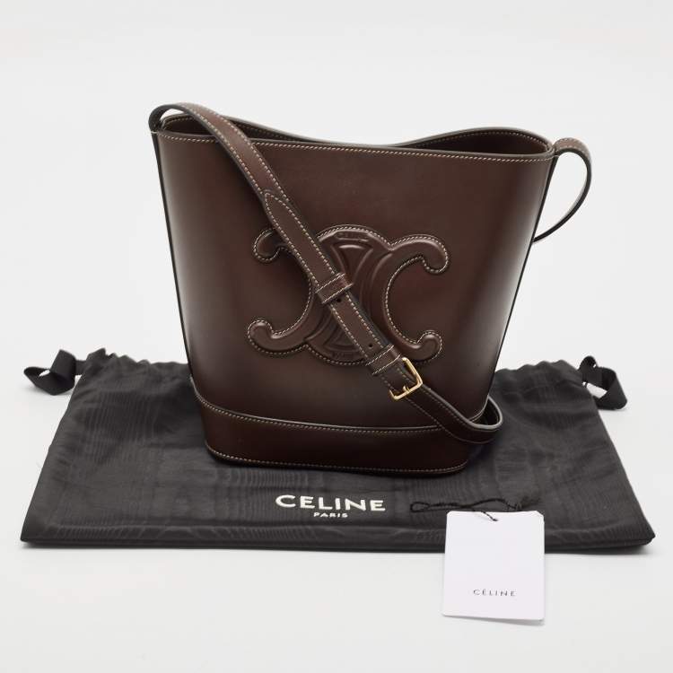 Pre Owned Celine Dark Brown Leather Small Triomphe Bucket Bag