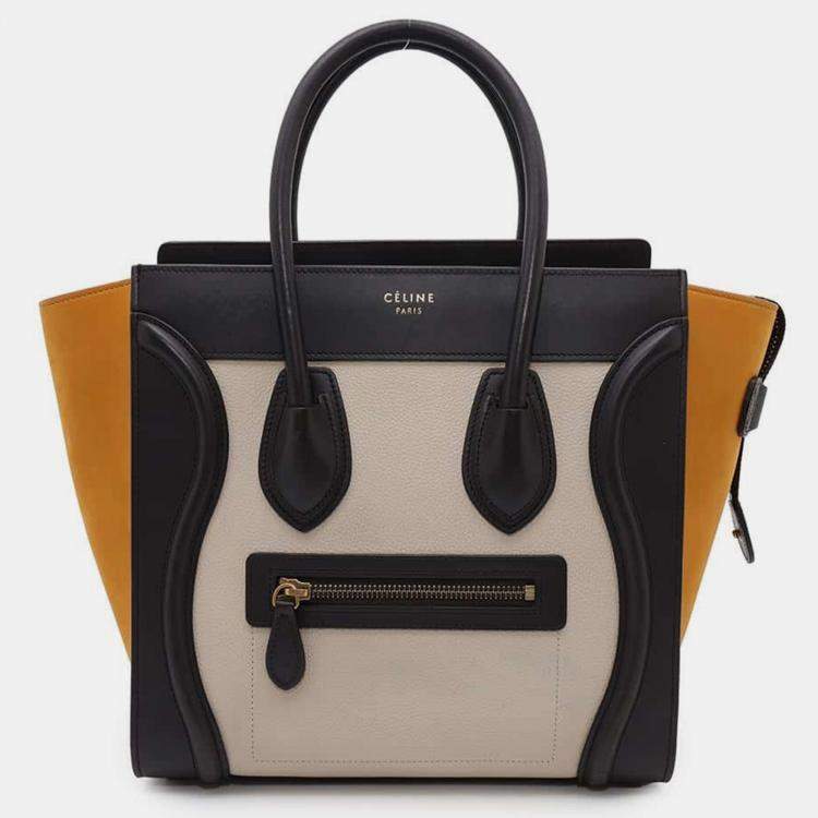 Pre Owned Celine Black/White/Yellow Luggage Shopper Leather Suede Bag