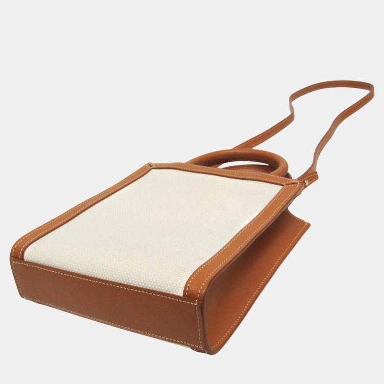 Pre Owned Celine Light Brown/Off-White Leather/Canvas Vertical Cabas Mini Logo Tote Bag