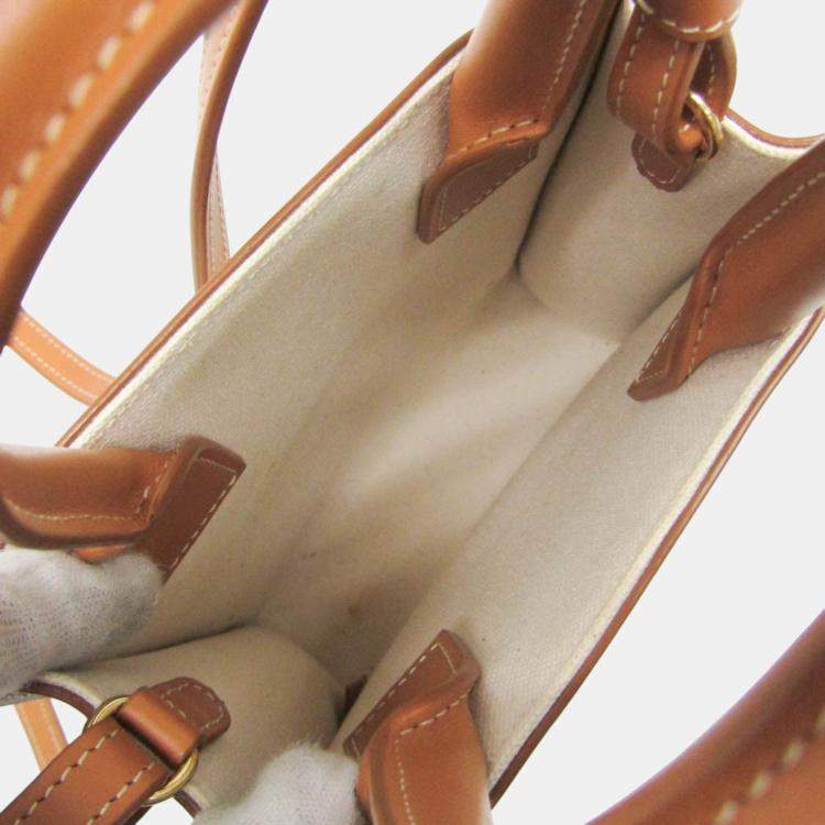 Pre Owned Celine Light Brown/Off-White Leather/Canvas Vertical Cabas Mini Logo Tote Bag