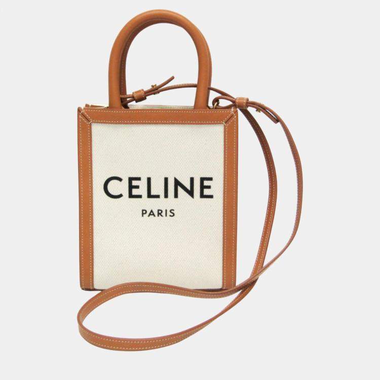 Pre Owned Celine Light Brown/Off-White Leather/Canvas Vertical Cabas Mini Logo Tote Bag