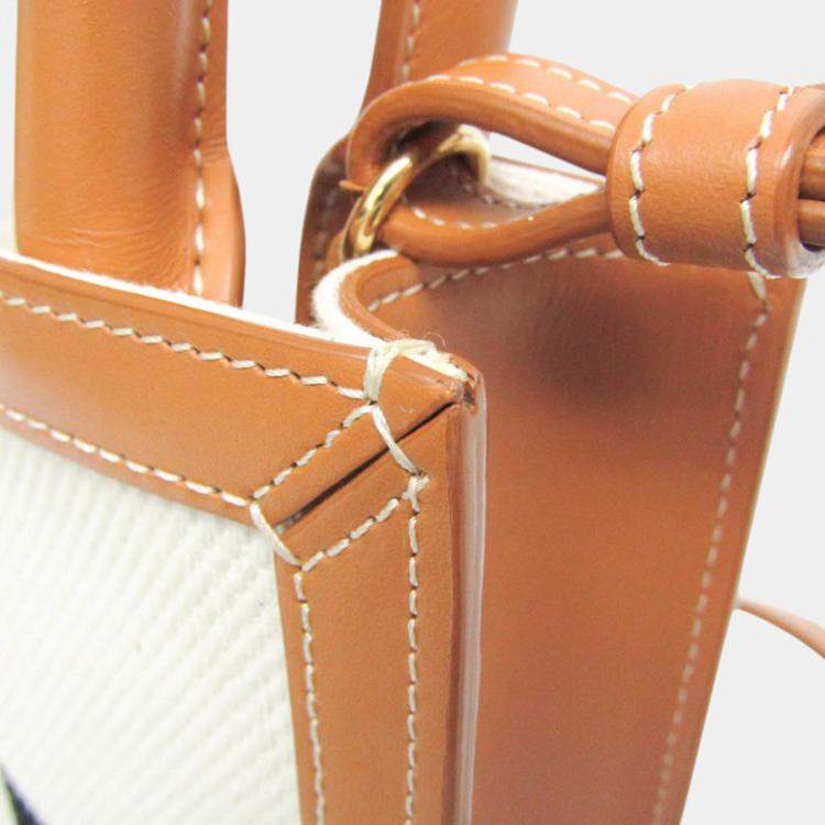 Pre Owned Celine Light Brown/Off-White Leather/Canvas Vertical Cabas Mini Logo Tote Bag