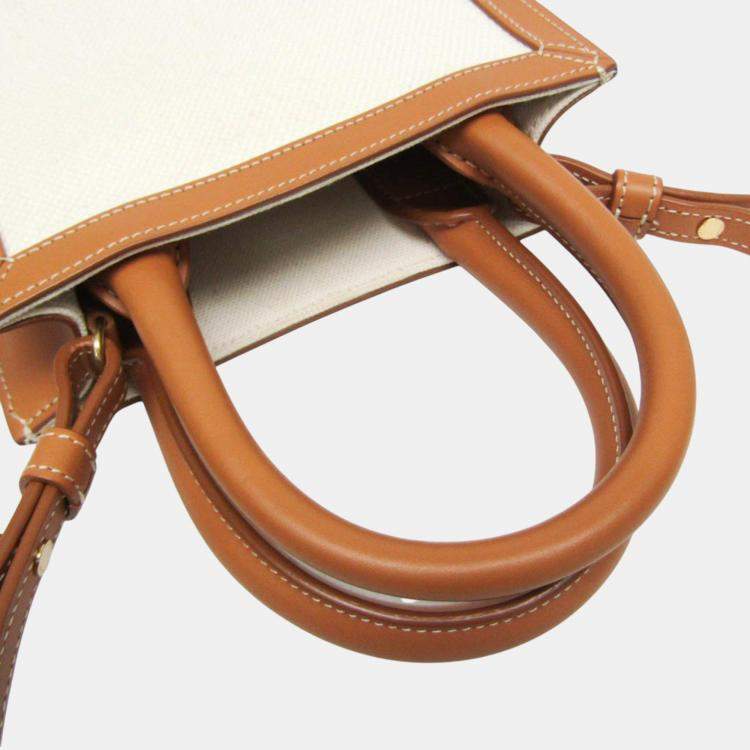 Pre Owned Celine Light Brown/Off-White Leather/Canvas Vertical Cabas Mini Logo Tote Bag