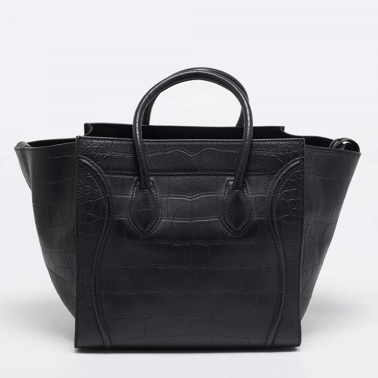 Pre Owned Celine Black Croc Embossed Leather Medium Phantom Luggage Tote
