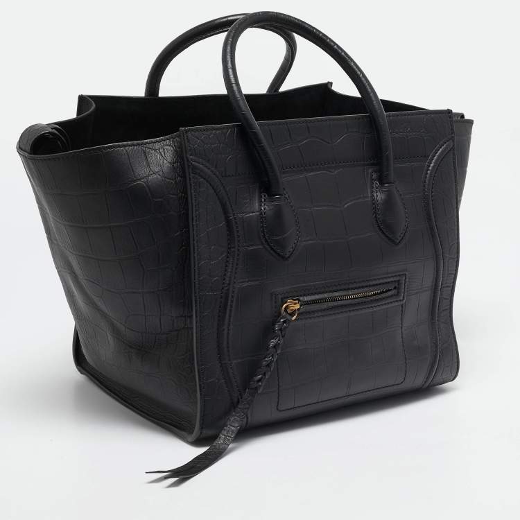 Pre Owned Celine Black Croc Embossed Leather Medium Phantom Luggage Tote