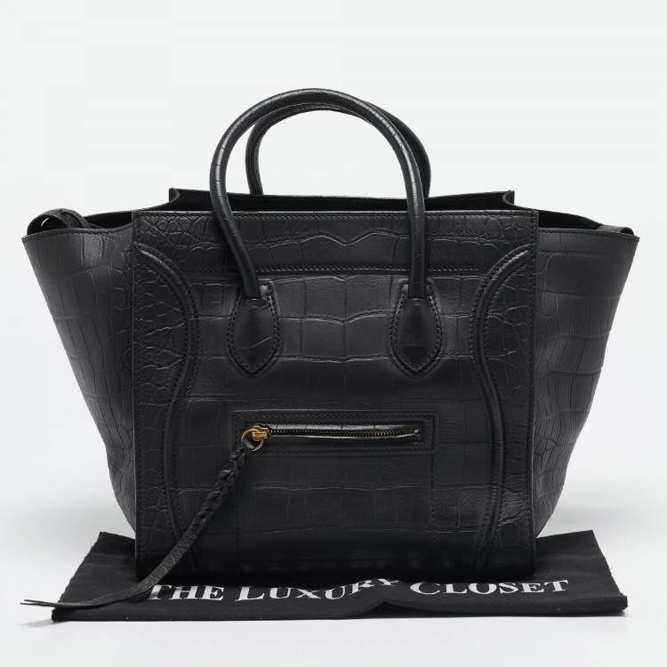 Pre Owned Celine Black Croc Embossed Leather Medium Phantom Luggage Tote
