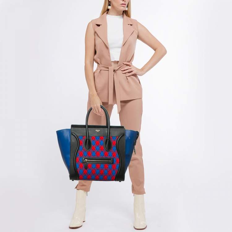 Pre Owned Celine Tricolor Leather and Jacquard Fabric Mini Luggage Tote