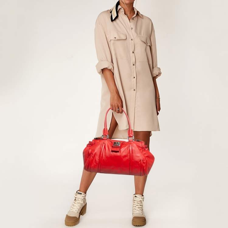 Pre Owned Celine Red Leather Turnlock Flap Satchel