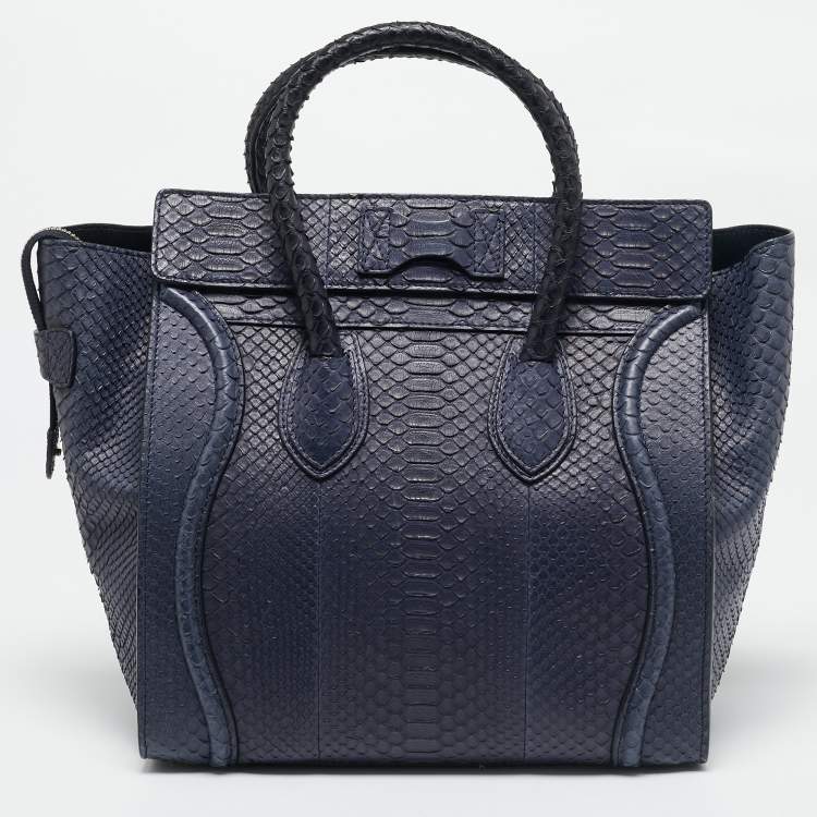 Pre Owned Celine Navy Blue Python Mini Luggage Tote