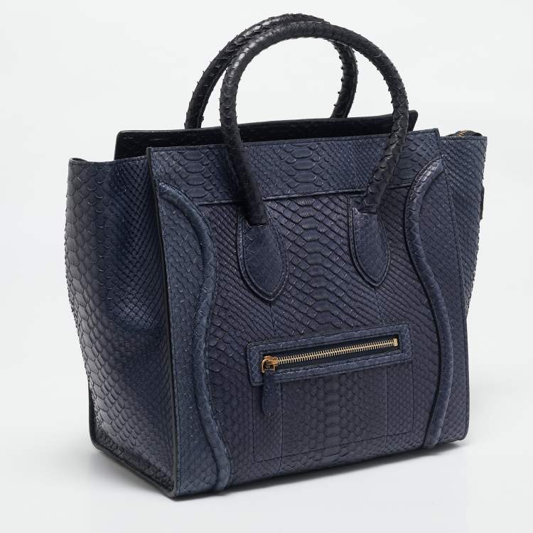 Pre Owned Celine Navy Blue Python Mini Luggage Tote