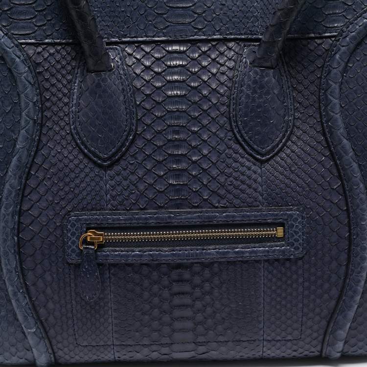 Pre Owned Celine Navy Blue Python Mini Luggage Tote