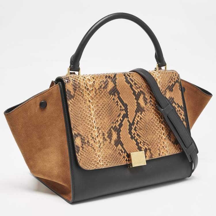 Pre Owned Celine Orange/Black Python, Leather and Suede Medium Trapeze Top Handle Bag