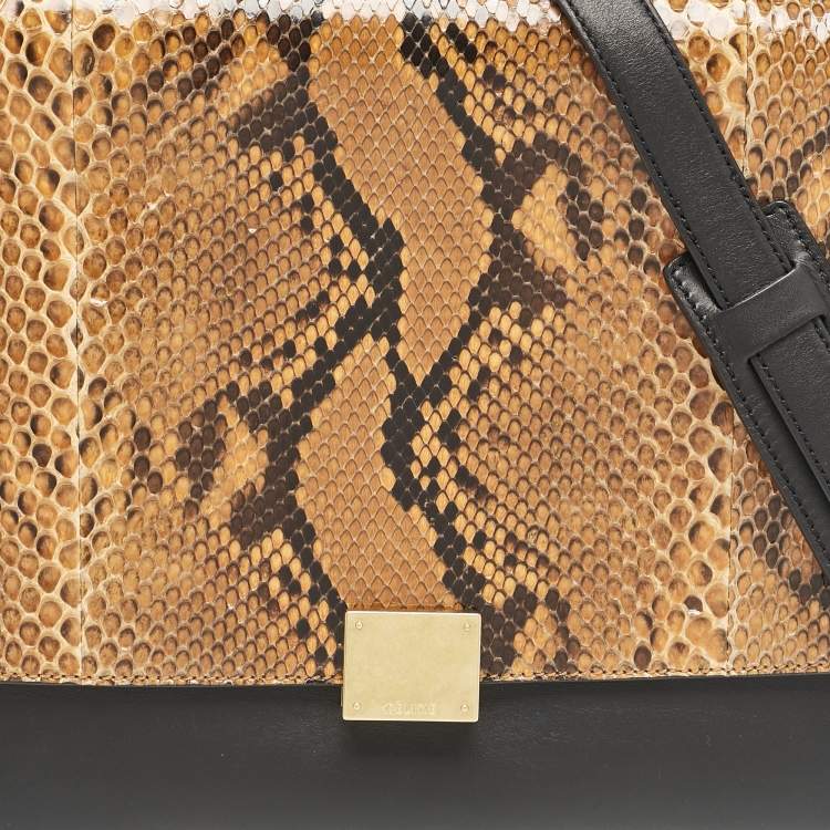 Pre Owned Celine Orange/Black Python, Leather and Suede Medium Trapeze Top Handle Bag