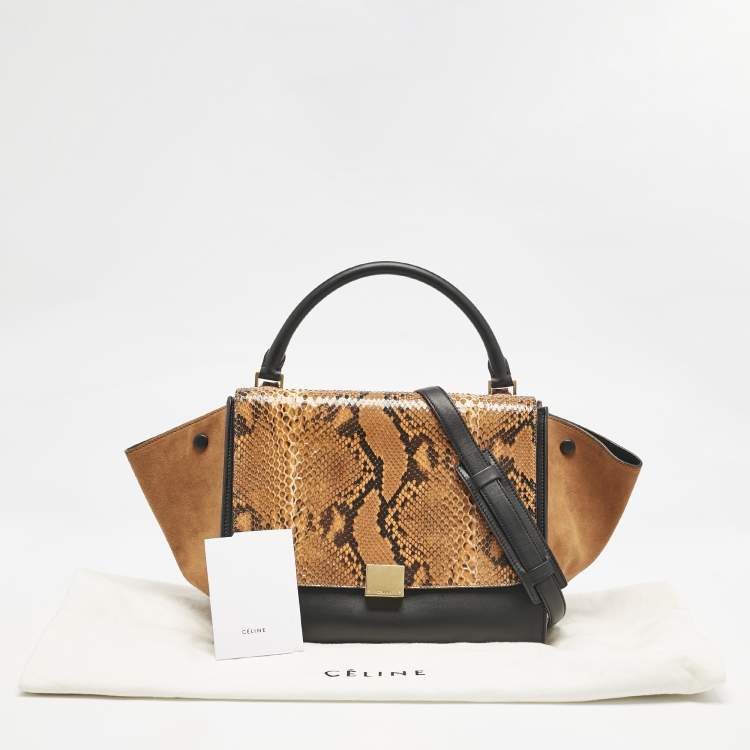 Pre Owned Celine Orange/Black Python, Leather and Suede Medium Trapeze Top Handle Bag