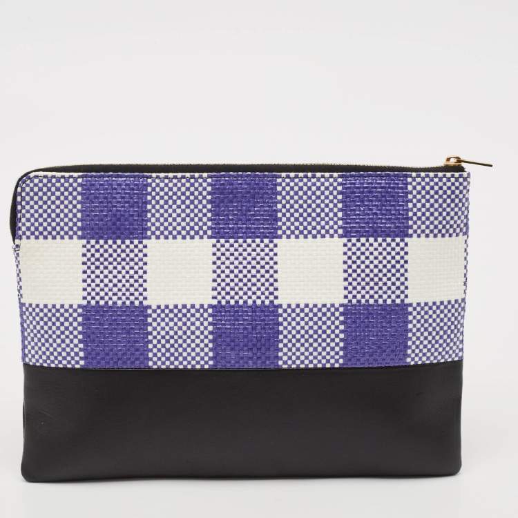 Pre Owned Celine Purple/Black Woven Raffia and Leather Gingham Clutch