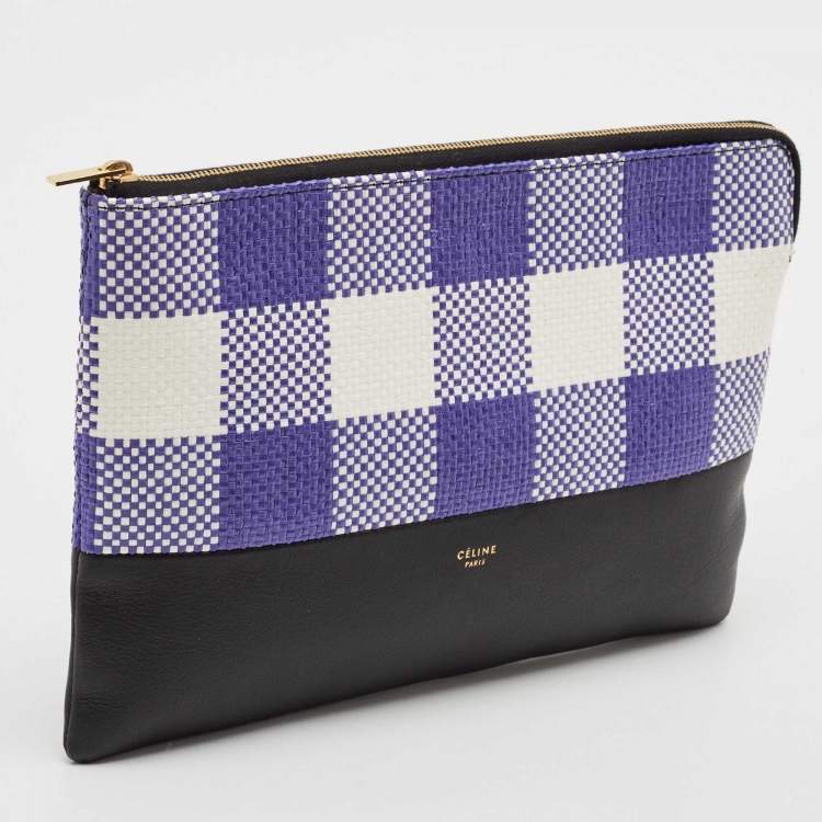 Pre Owned Celine Purple/Black Woven Raffia and Leather Gingham Clutch