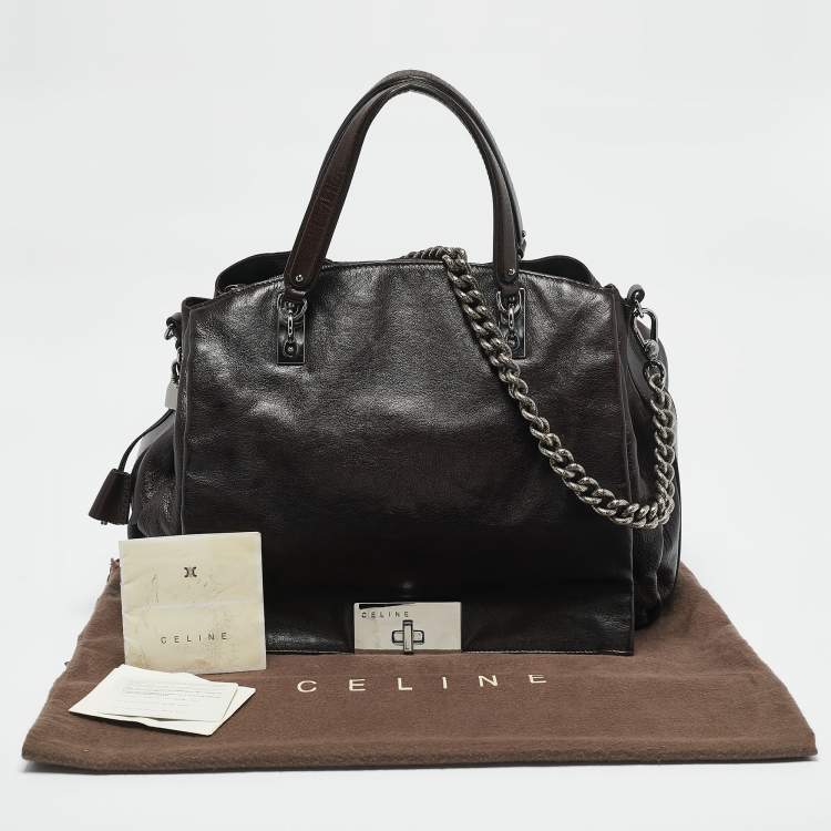 Pre Owned Celine Choco Brown Leather Turn Lock Flap Satchel