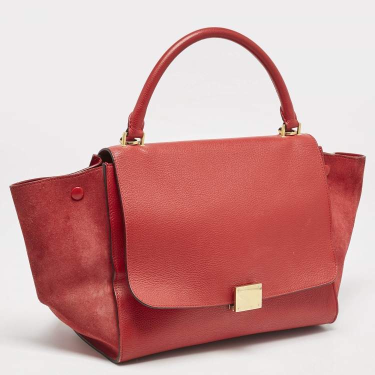 Pre Owned Celine Red Leather and Suede Medium Trapeze Top Handle Bag