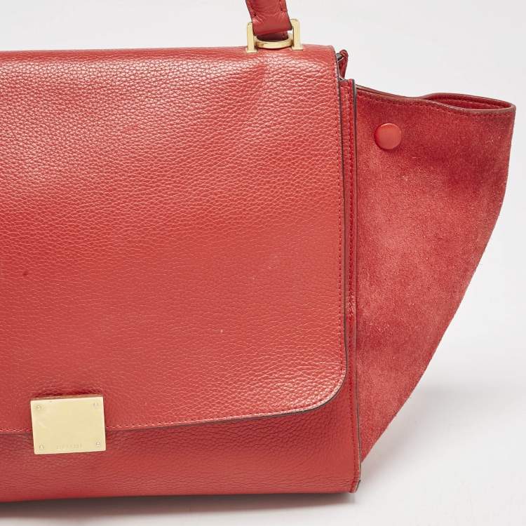 Pre Owned Celine Red Leather and Suede Medium Trapeze Top Handle Bag