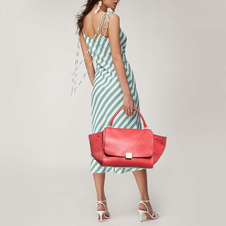 Pre Owned Celine Red Leather and Suede Medium Trapeze Top Handle Bag
