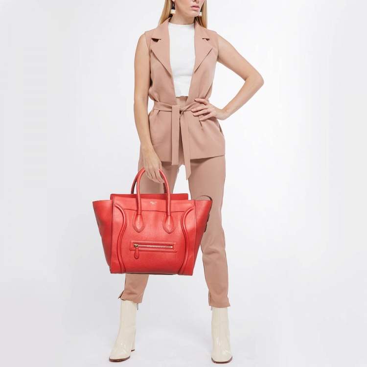 Pre Owned Celine Red Leather Mini Luggage Tote
