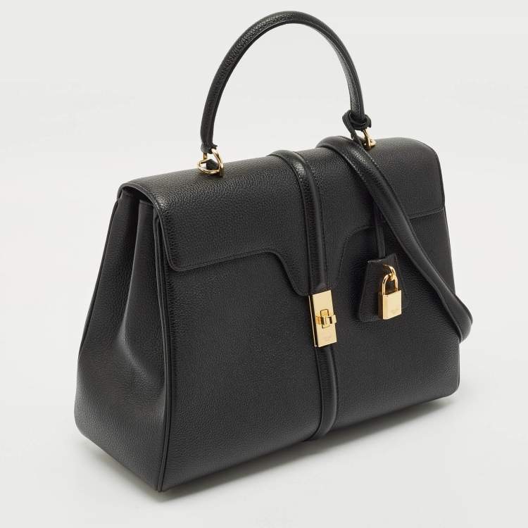 Pre Owned Celine Black Leather Medium Classique 16 Top Handle Bag