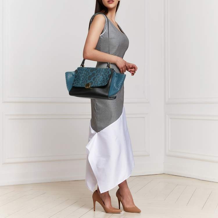 Pre Owned Celine Blue/Black Python and Leather Small Trapeze Top Handle Bag