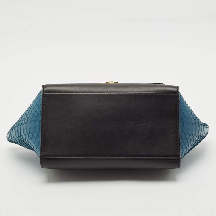 Pre Owned Celine Blue/Black Python and Leather Small Trapeze Top Handle Bag