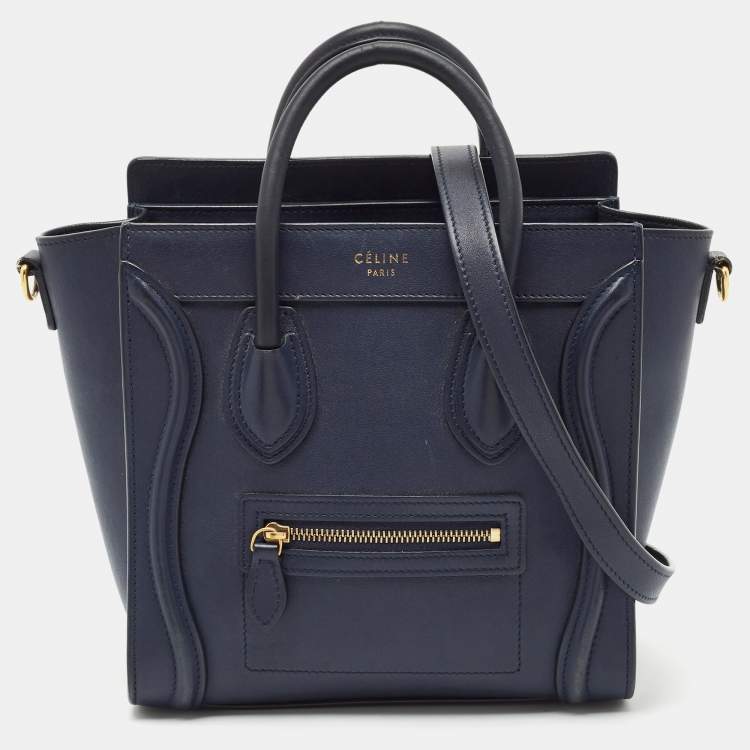 Pre Owned Celine Navy Blue Leather Nano Luggage Tote