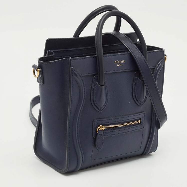 Pre Owned Celine Navy Blue Leather Nano Luggage Tote