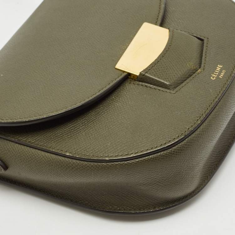 Pre Owned Celine Olive Green Leather Small Trotteur Crossbody Bag