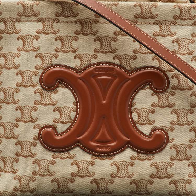 Pre Owned Celine Beige Triomphe Canvas and Leather Small Cabas Thais Tote