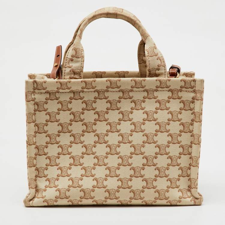 Pre Owned Celine Beige Triomphe Canvas and Leather Small Cabas Thais Tote