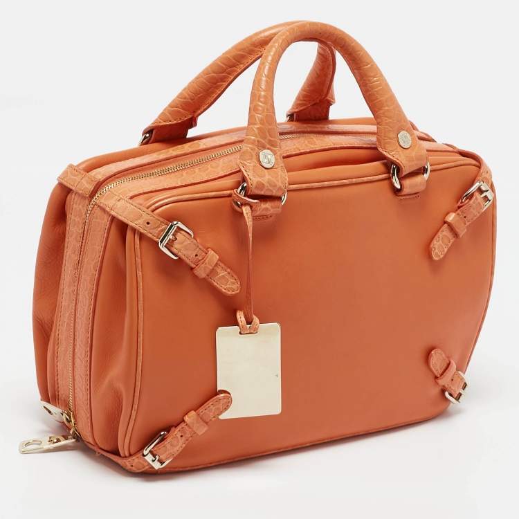 Pre Owned Celine Orange Leather and Croc Embossed Trim Large Trunkette Bag