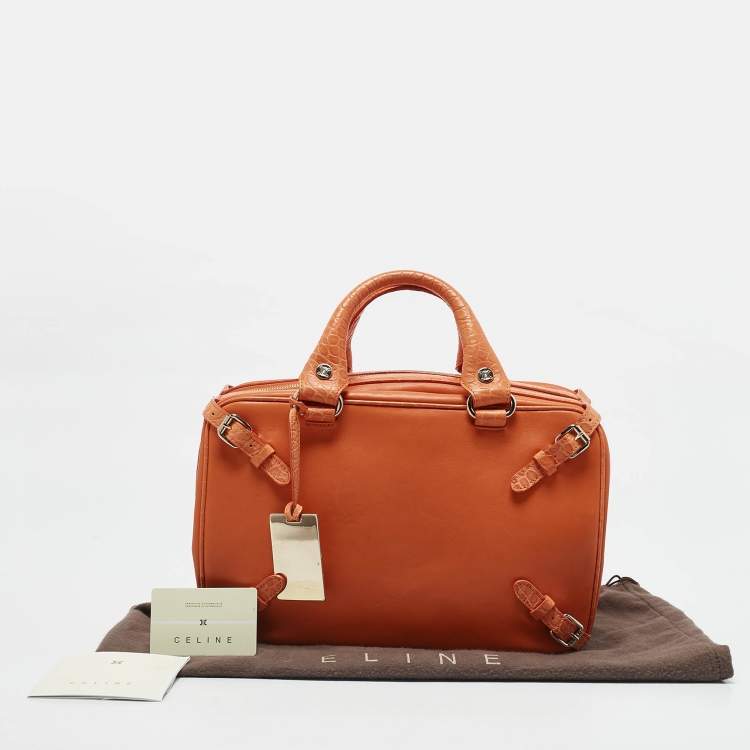 Pre Owned Celine Orange Leather and Croc Embossed Trim Large Trunkette Bag