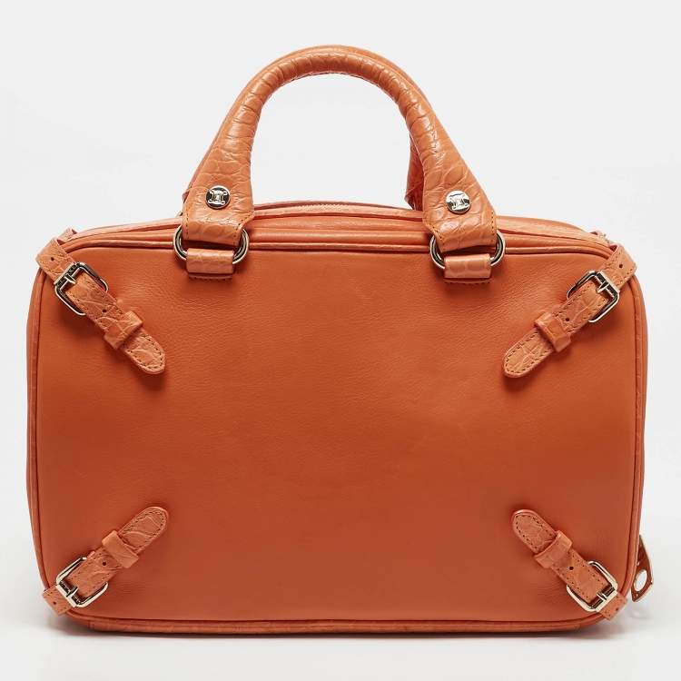 Pre Owned Celine Orange Leather and Croc Embossed Trim Large Trunkette Bag