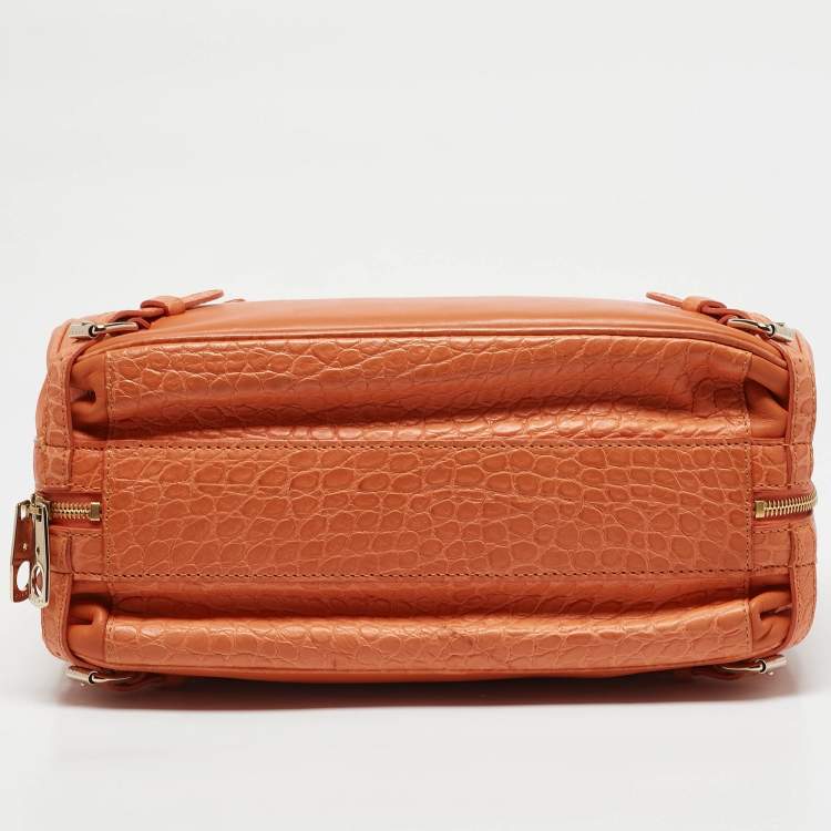 Pre Owned Celine Orange Leather and Croc Embossed Trim Large Trunkette Bag
