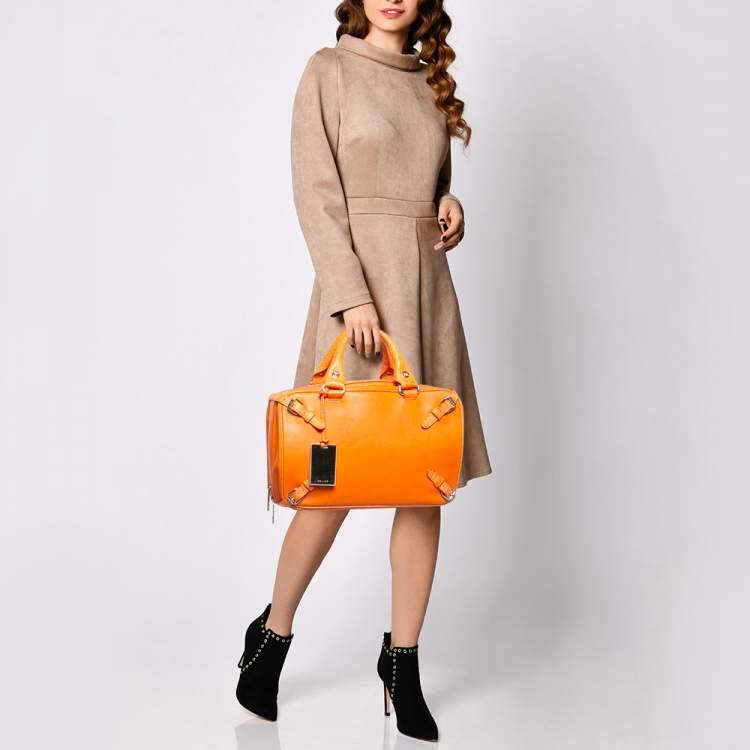 Pre Owned Celine Orange Leather and Croc Embossed Trim Large Trunkette Bag