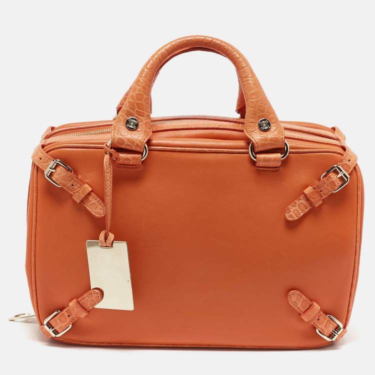 Pre Owned Celine Orange Leather and Croc Embossed Trim Large Trunkette Bag