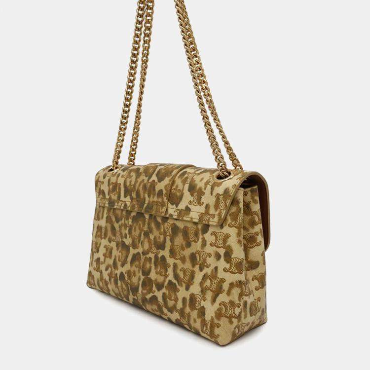 Pre Owned Celine Brown Leather Leopard Chain Shoulder Bag