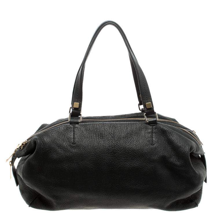 Pre Owned Celine Black Pebbled Leather Triple Zip Satchel