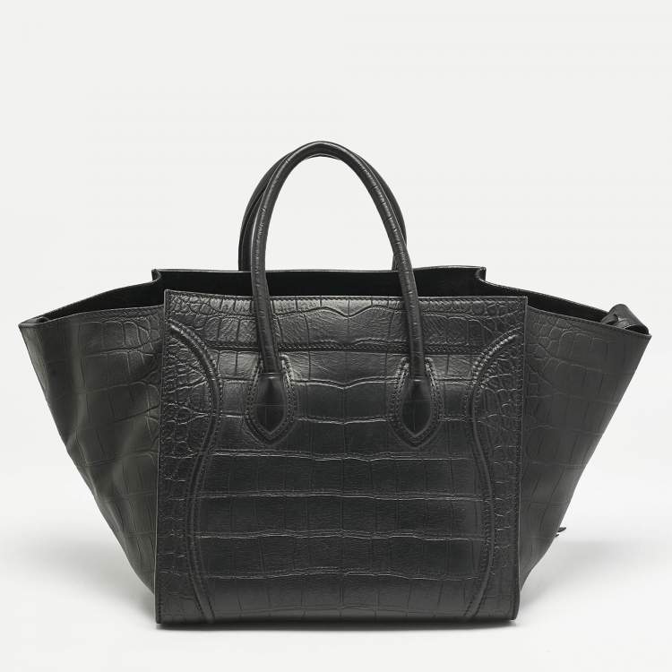 مملوكة مسبقًا Celine Black Croc Embossed Leather Medium Phantom Luggage Tote