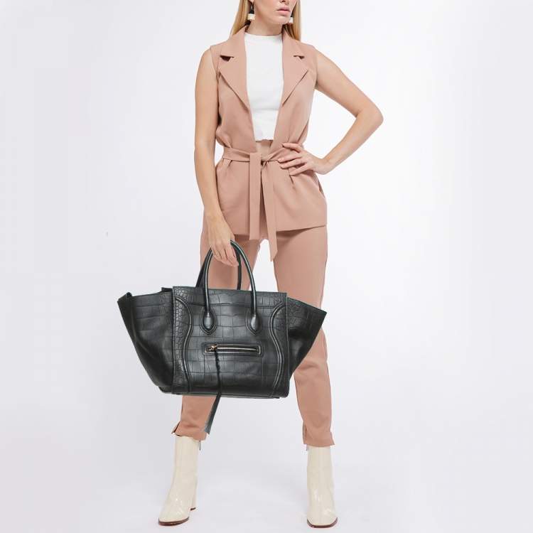 مملوكة مسبقًا Celine Black Croc Embossed Leather Medium Phantom Luggage Tote