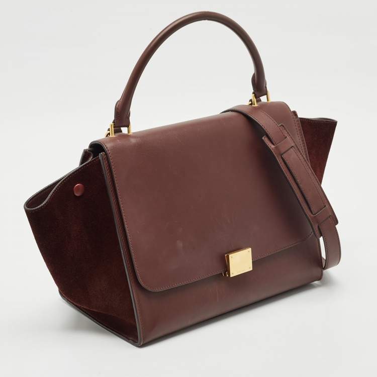 Pre Owned Celine Burgundy Leather and Suede Medium Trapeze Top Handle Bag