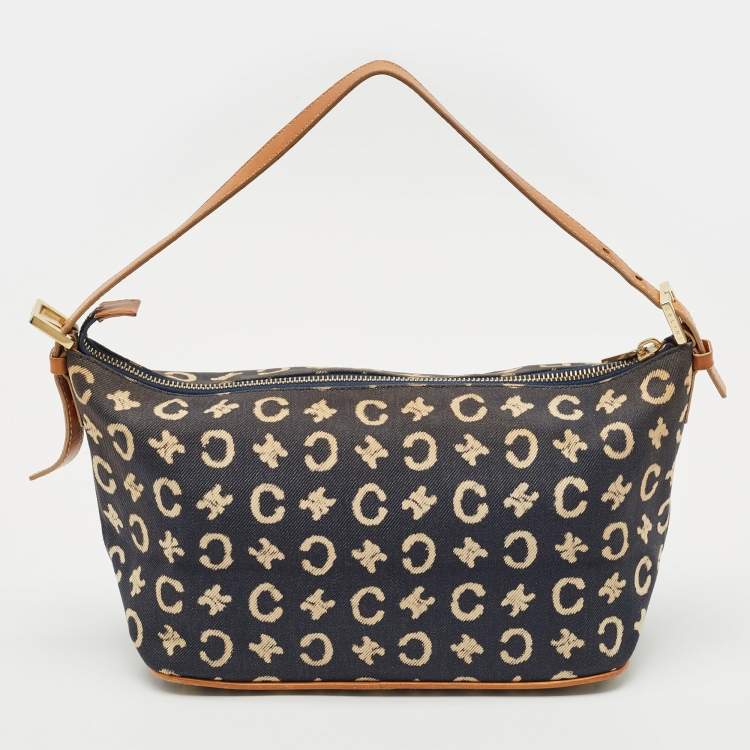 Pre Owned Celine Navy Blue/Brown Macadam Canvas and Leather Boat Shoulder Bag