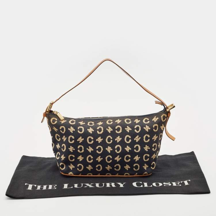 Pre Owned Celine Navy Blue/Brown Macadam Canvas and Leather Boat Shoulder Bag