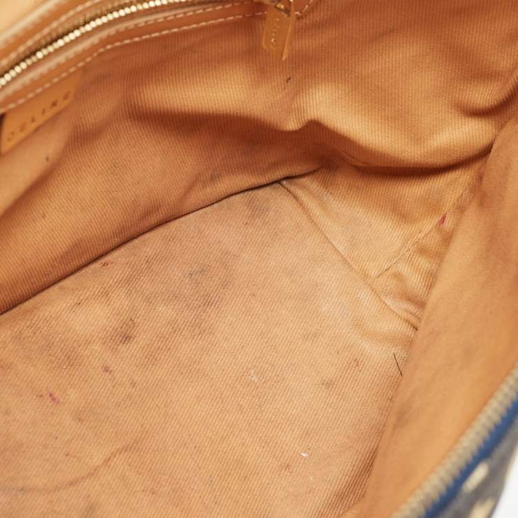 Pre Owned Celine Navy Blue/Brown Macadam Canvas and Leather Boat Shoulder Bag